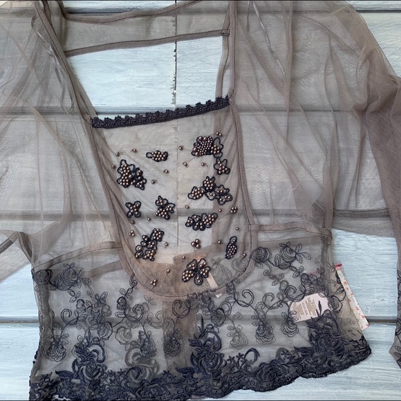 Free People Show Pony Lady Pewter Beaded Mesh Top Sz L - Picture 4 of 16